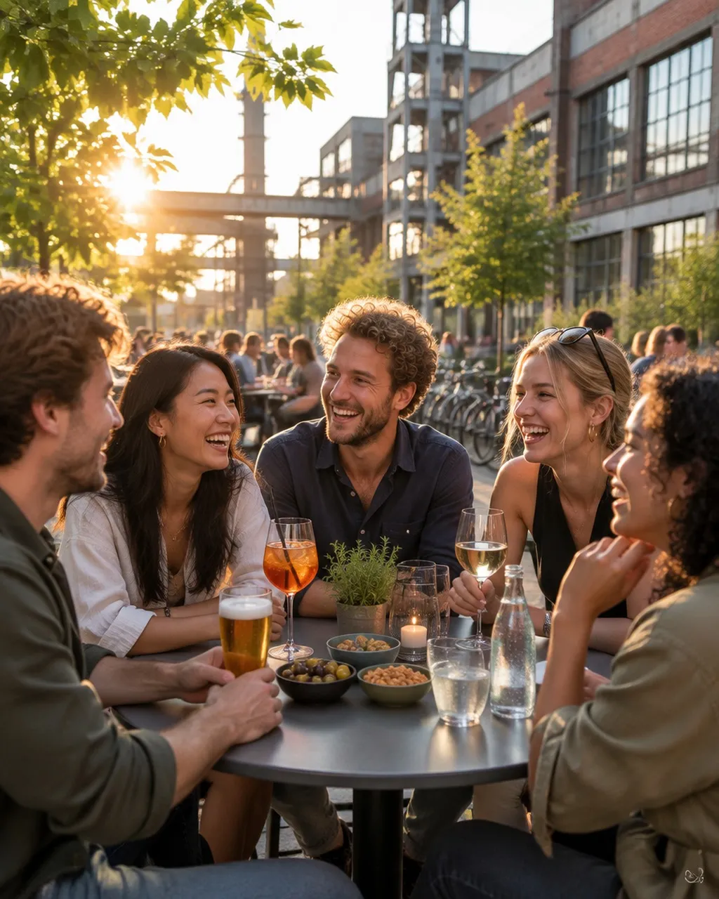 A group of friends laughing together on a terrace at Strijp-S, Eindhoven's former Philips industrial site